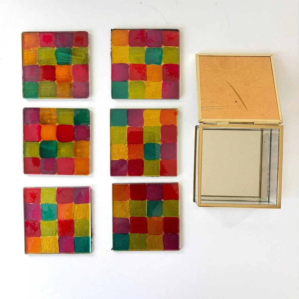 Vintage Glass Coaster Set 6pc Multi Color Patchwork Brass Tone Footed Box MCM
